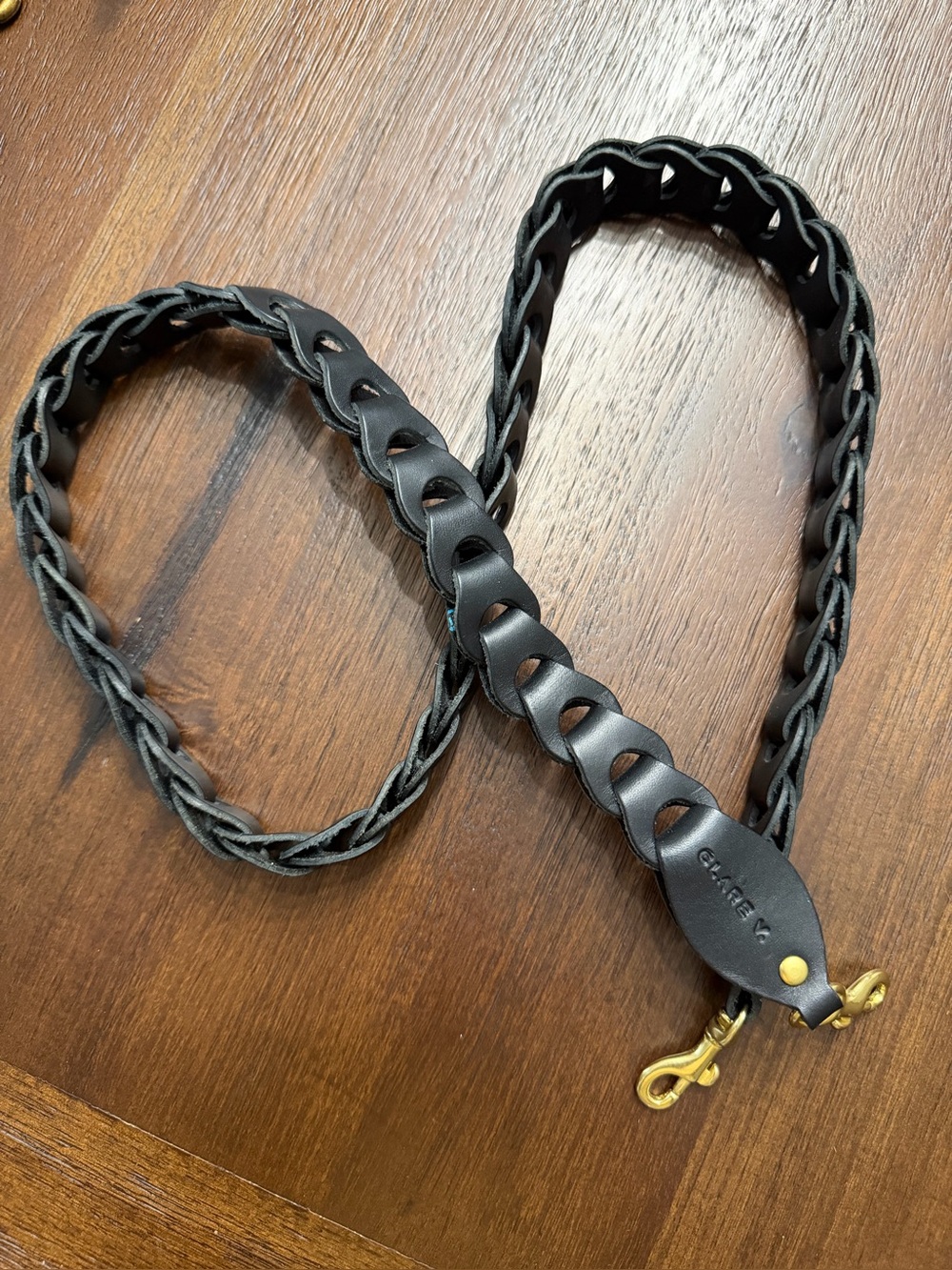 Claire V. Braided Black Leather purse strap with Brass Hardware